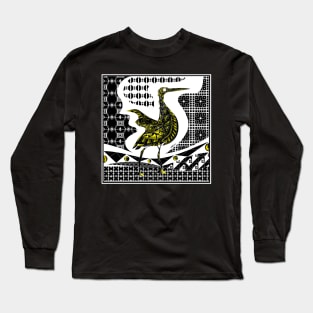 blue heron agami bird in black talavera patterns in mexican wallpaper ecopop in gold Long Sleeve T-Shirt